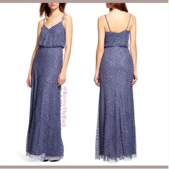EUC! Adrianna Papell Art Deco Beaded Blouson Gown in Dark Heather [SZ: 2 ]‎ - Picture 1 of 14